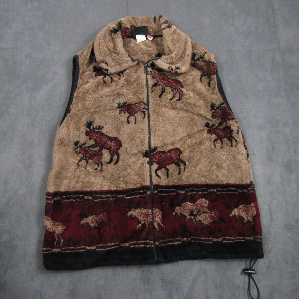 Mazmania Fleece Vest Womens Medium Tan Moose Wildlife Vintage Full Zip USA